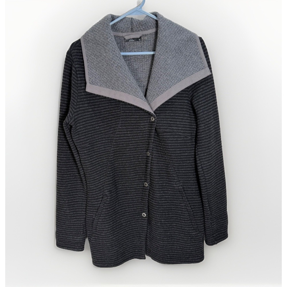 PRANA Sweater Jacket Womens Sz M Wool Blend Milana Black Gray Stripe Button Up
